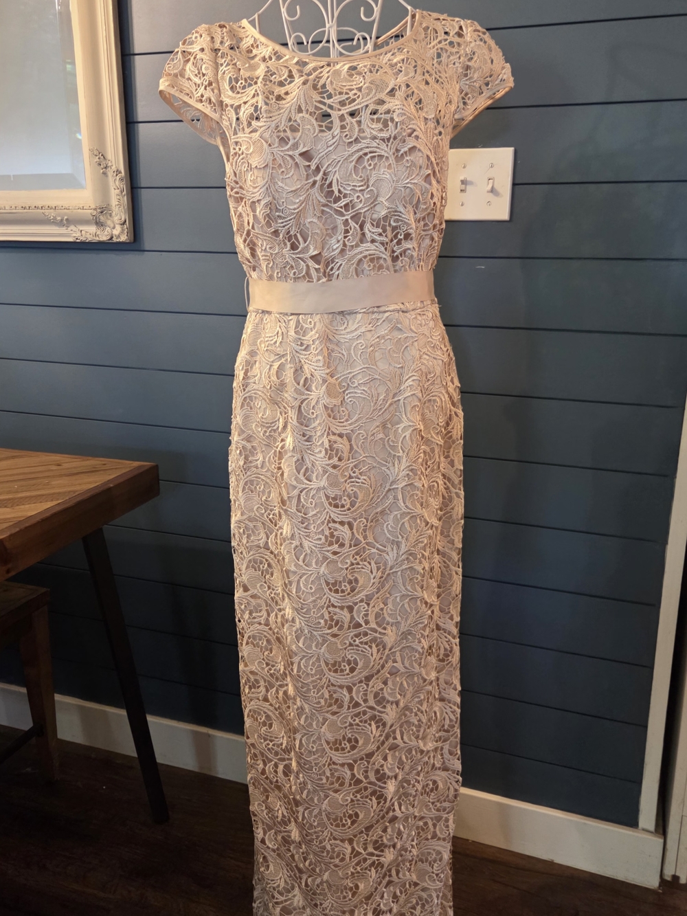 MOB MOG FORMAL Adrianna Papell Blush Lace Cap-Sleeve Maxi Dress